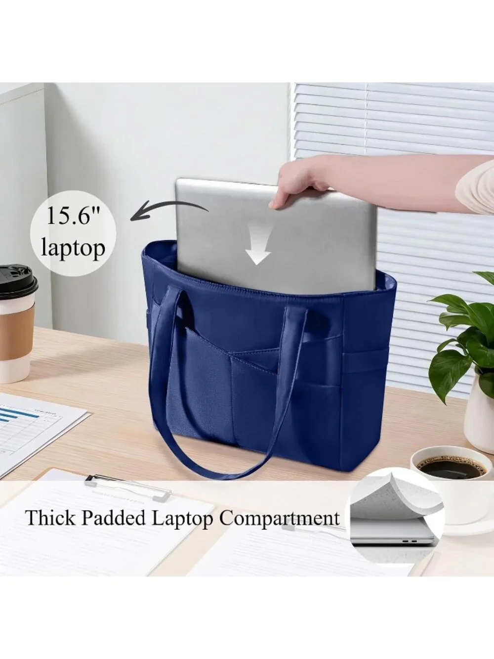 👜Women's Navy Blue Nylon Large Tote Bag With Zipper 15.6 Laptop Sleeve Work Bag